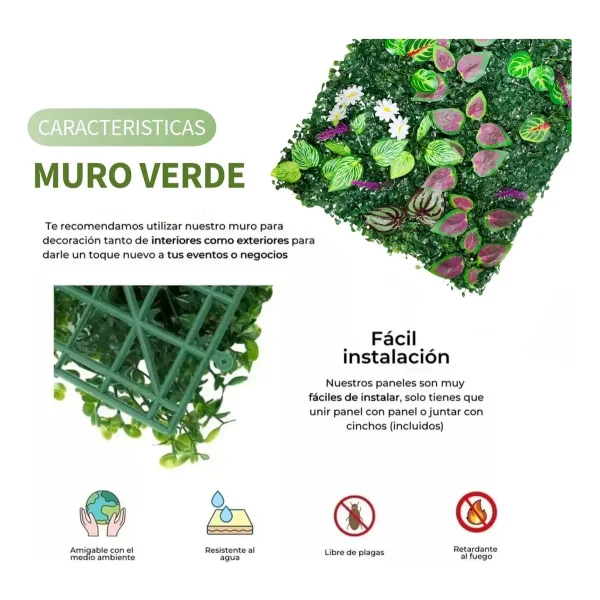 Panel Jardín Vertical Artificial Con Plantas Flores Deco X10 Verde