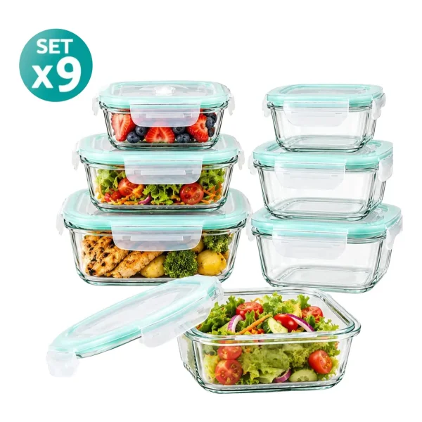 Set X9 Tuppers Vidrio Herméticos Microondas Horno Freezer Transparente