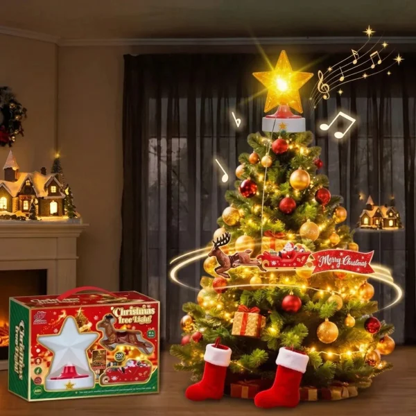 Puntal Árbol Navidad Trineo Reno Giratorio Luz Y Sonido Amarillo