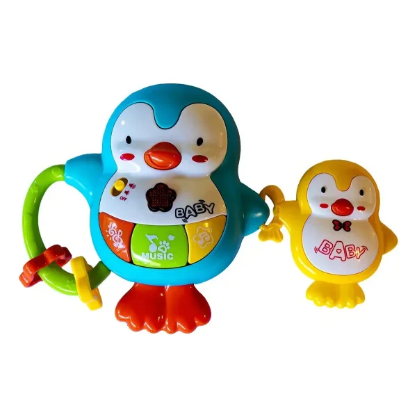 Sonajero Musical Bebe Pinguino Celeste Con Luces Y Sonidos