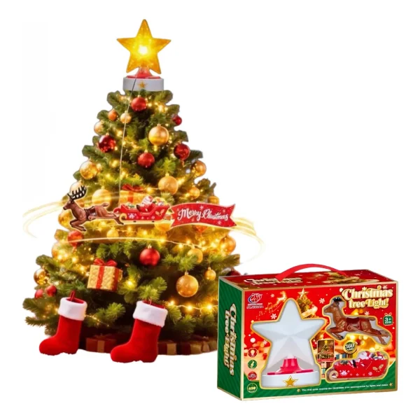 Puntal Árbol Navidad Trineo Reno Giratorio Luz Y Sonido Amarillo