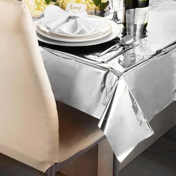 Mantel Metalizado Rectangular Pack X5 Decoración Cotillón Plateado Lisa