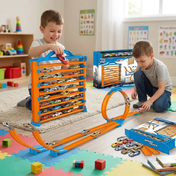 Pista Transportador + 5 Autos Garaje Loop Rampas 3en1 Niños Naranja