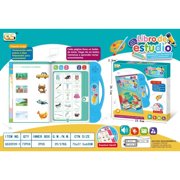 Libro Didactivo Interactivo Tactil Bilingüe Con Sonido Niños Celeste