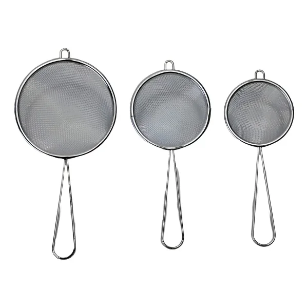 Set Colador X3 Malla Fina Alambre Metálico Mango Metal Plateado