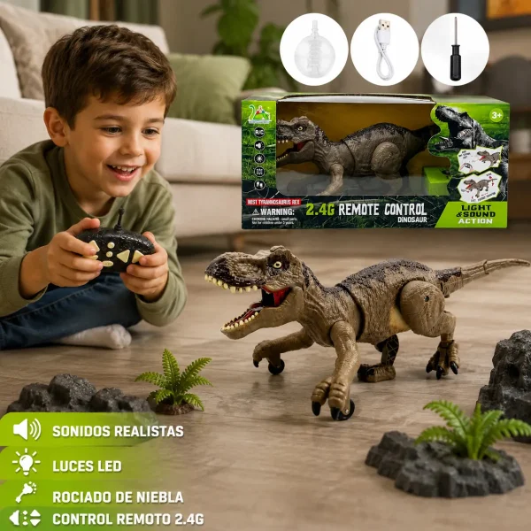 Dinosaurio T-rex Recargable Control Remoto Spray Luz Sonido Dinosaurio