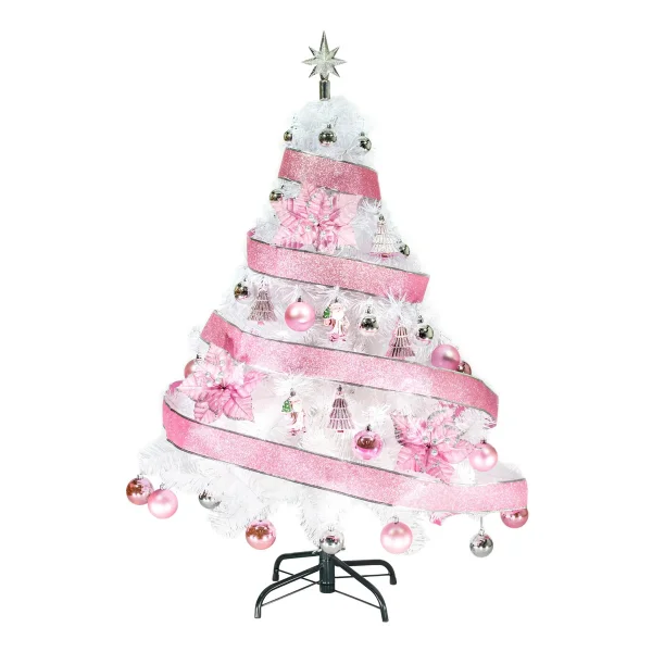 Arbol De Navidad Blanco Tronador Lujo 1,20mts Decorado Rosa