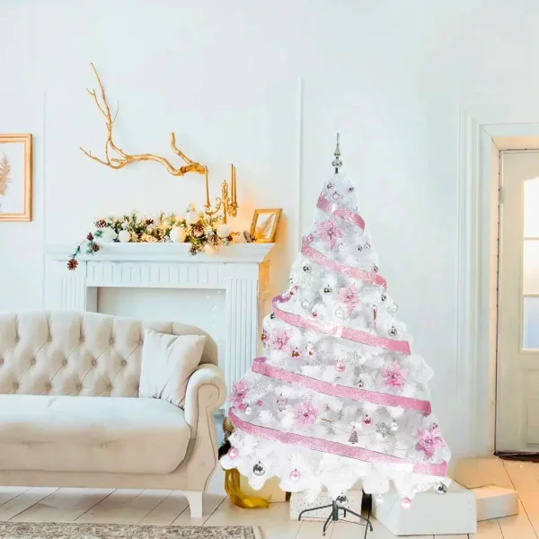 Arbol De Navidad Blanco Tronador Lujo 2,10mts Decorado Rosa Blanco