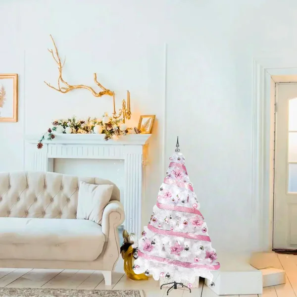 Arbol de Navidad Blanco Tronador De Lujo 1.50mts + Kit Rosa