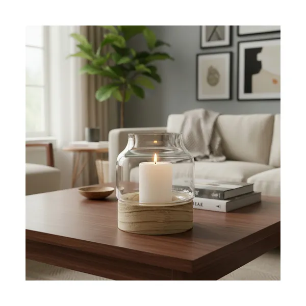 Portavela Vidrio Florero Con Base De Madera Deco Hogar 19cm