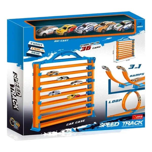 Pista Transportador + 5 Autos Garaje Loop Rampas 3en1 Niños Naranja