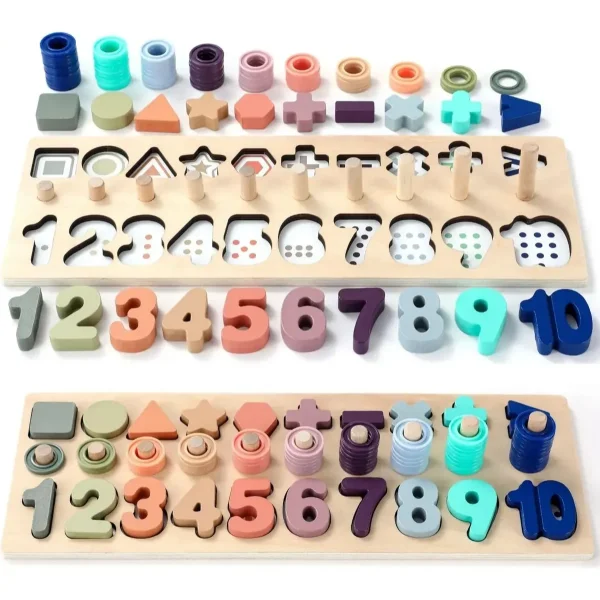 Tablero Madera Montessori 3 En 1 Números Formas Sensorial Multicolor