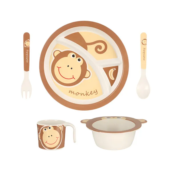 Set Vajilla Infantil Mono 5pzs Plato Vaso Cubiertos De Bambu