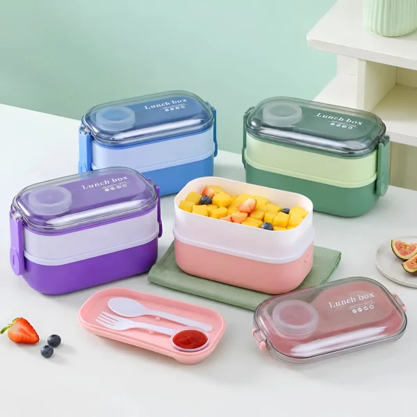 Lunchera Vianda Hermetica 2 Pisos Con Cubiertos Rosa Rosa