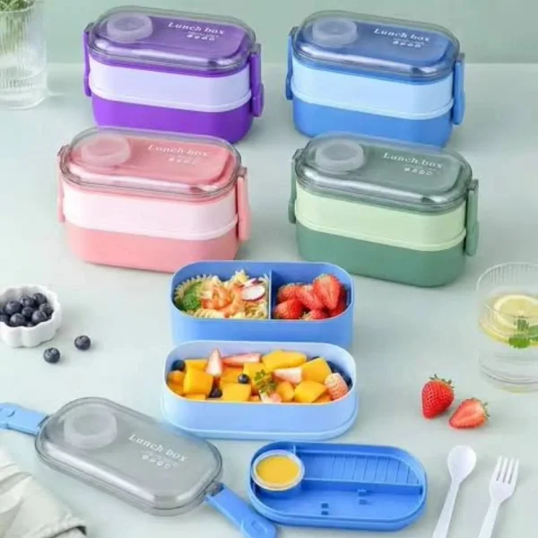Lunchera Vianda Hermética 2 Pisos Con Cubiertos Verde Verde