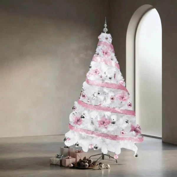 Arbol Navidad Blanco Tronador Lujo 1.80mts Decorado Rosa Blanco