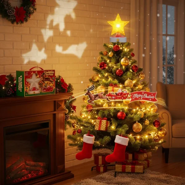 Puntal Árbol Navidad Trineo Reno Giratorio Luz Y Sonido Amarillo