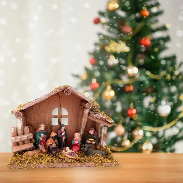 Pesebre Navideño Expreso Polar 8 Figuras Cerámica Madera 20x15.5x7cm