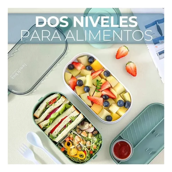 Lunchera Vianda Hermética 2 Pisos Con Cubiertos Verde Verde