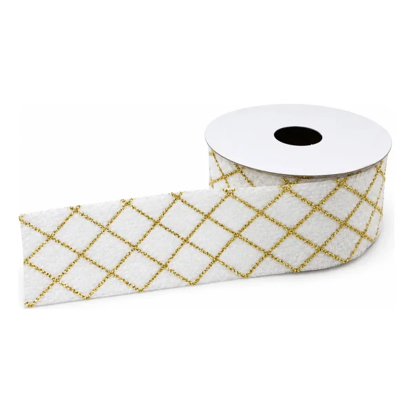 Cinta Navideña Terciopelo Rombos Dorados 3,5cm X 2,7m Adorno Blanco
