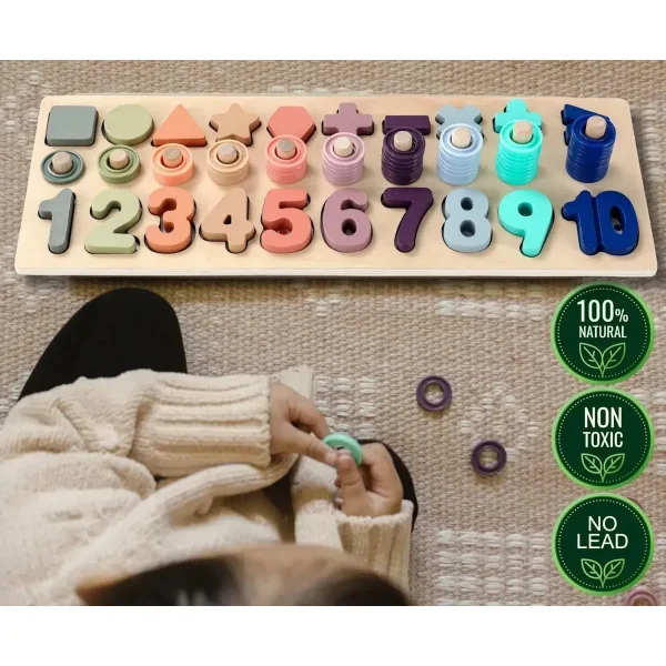 Tablero Madera Montessori 3 En 1 Números Formas Sensorial Multicolor