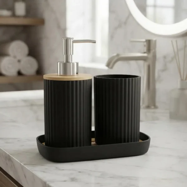 Set Accesorios Para Baño 3 Piezas Bambú Dispenser Jabonera Negro