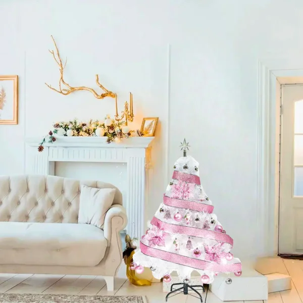 Arbol De Navidad Blanco Tronador Lujo 1,20mts Decorado Rosa