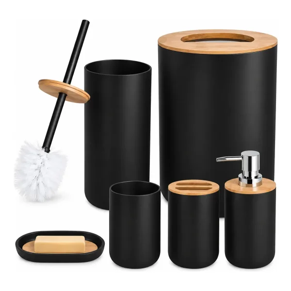 Set Baño 6 Piezas Bambu Tacho Dispenser Jabonera Escobilla Blanco
