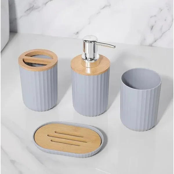 Set Accesorios Baño Kit 4 Piezas Dispenser Plastico Bambu Blanco
