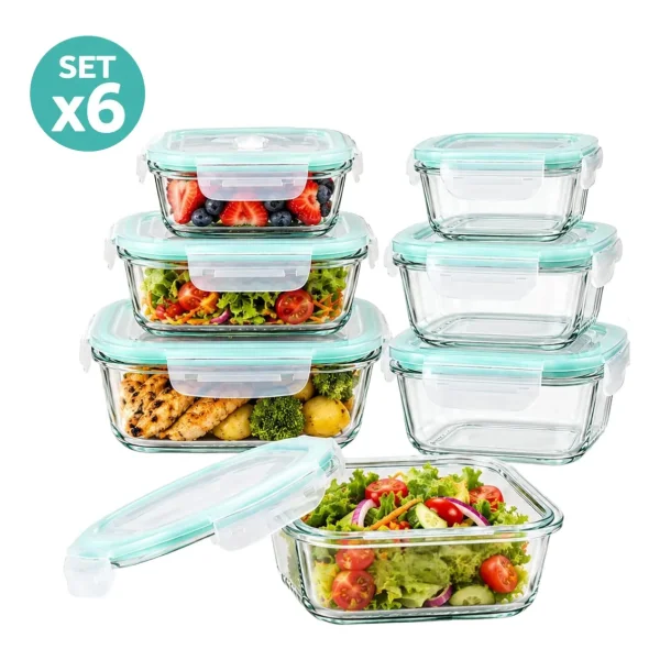 Set X6 Tuppers Recipientes Herméticos Vidrio Horno Freezer Transparente