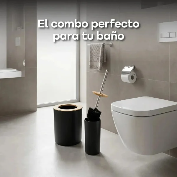 Set Baño 6 Piezas Bambu Tacho Dispenser Jabonera Escobilla Negro
