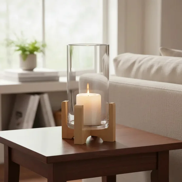 Portavela Jarrón De Vidrio Grande Con Base De Madera 34cm Transparente