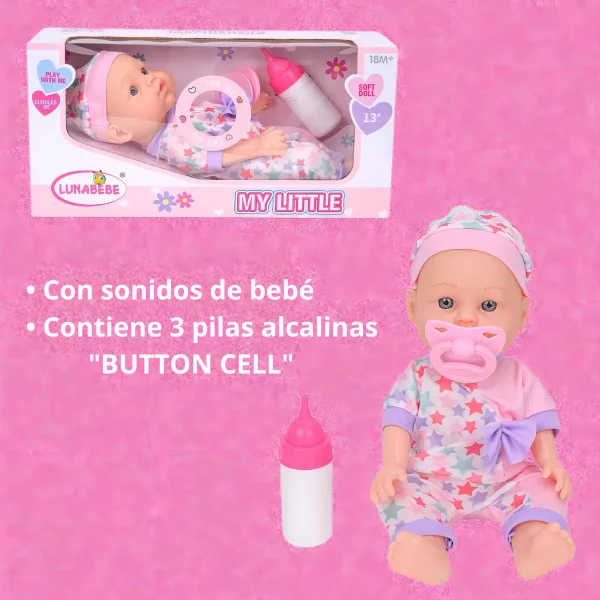 Muñeca Bebé Sonidos Incluye Chupete Y Mamadera 26 Cm
