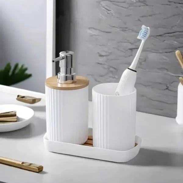 Kit Accesorios Baño 3 Piezas Dispenser Jabonera Bambú Blanco