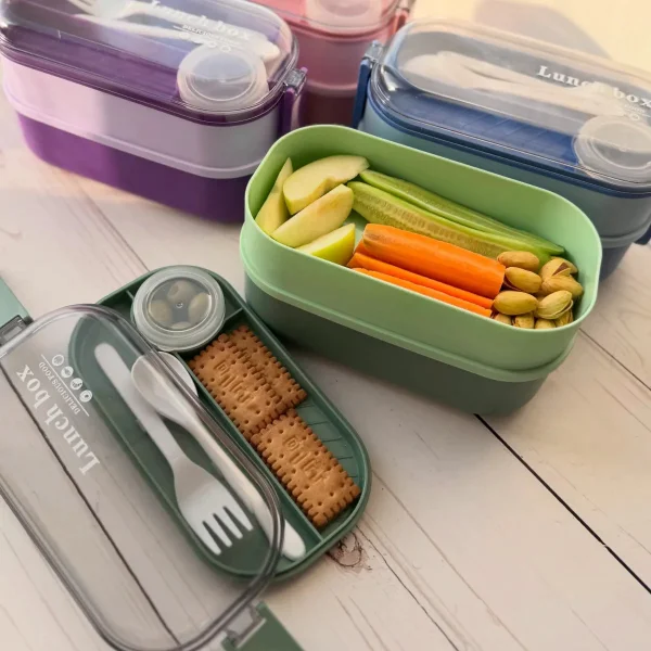Lunchera Vianda Hermética 2 Pisos Con Cubiertos Verde Verde