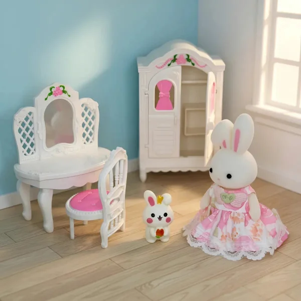 Casa Conejo Set Dormitorio Conejitos Juguete Accesorios Blanco