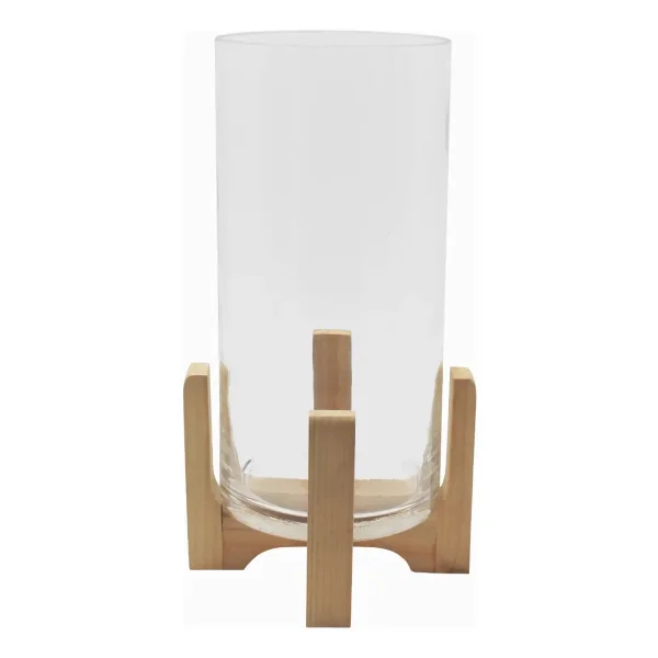 Portavela Jarrón De Vidrio Grande Con Base De Madera 34cm Transparente