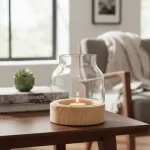 Portavela Vidrio Florero Con Base De Madera Deco Hogar 19cm