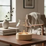 Portavela Vidrio Florero Con Base De Madera Deco Hogar 19cm