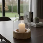 Portavela Vidrio Florero Con Base De Madera Deco Hogar 19cm