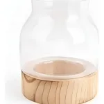 Portavela Vidrio Florero Con Base De Madera Deco Hogar 19cm
