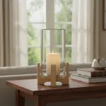 Portavela Jarrón De Vidrio Grande Con Base De Madera 34cm