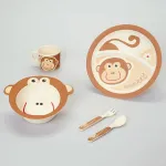 Set Vajilla Infantil Mono 5pzs Plato Vaso Cubiertos De Bambu
