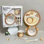 Set Vajilla Infantil Mono 5pzs Plato Vaso Cubiertos De Bambu