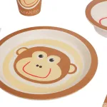 Set Vajilla Infantil Mono 5pzs Plato Vaso Cubiertos De Bambu