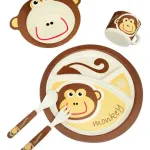 Set Vajilla Infantil Mono 5pzs Plato Vaso Cubiertos De Bambu