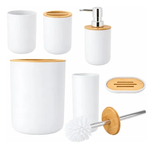 Set Baño 6 Piezas Bambu Tacho Dispenser Jabonera Escobilla Blanco