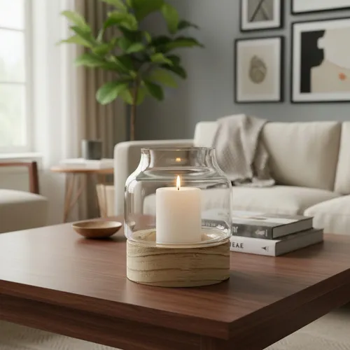 Producto Portavela Vidrio Con Base De Madera Decoración Hogar 15cm Imagen