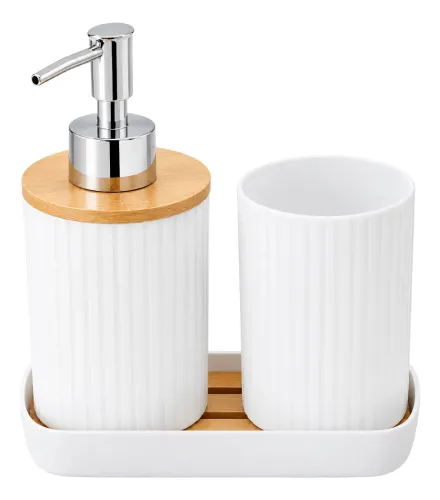 Kit Accesorios Baño 3 Piezas Dispenser Jabonera Bambú Blanco