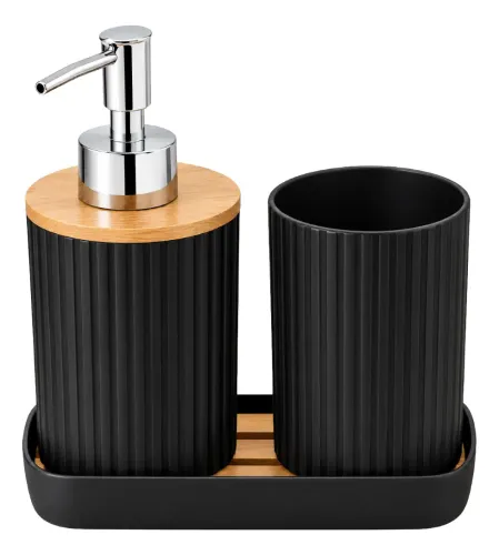Set Accesorios Para Baño 3 Piezas Bambú Dispenser Jabonera Negro